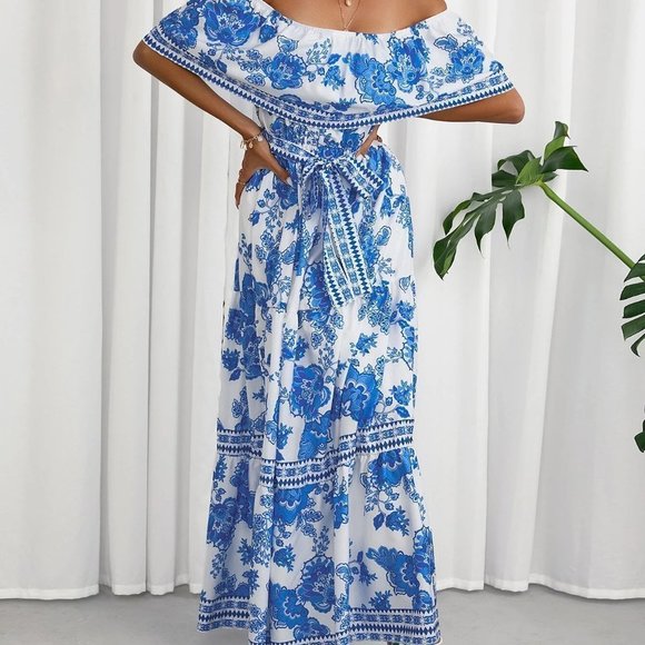 Boho Floral Print Off Shoulder Ruffle Hem Belted Dress - Picture 4 of 5